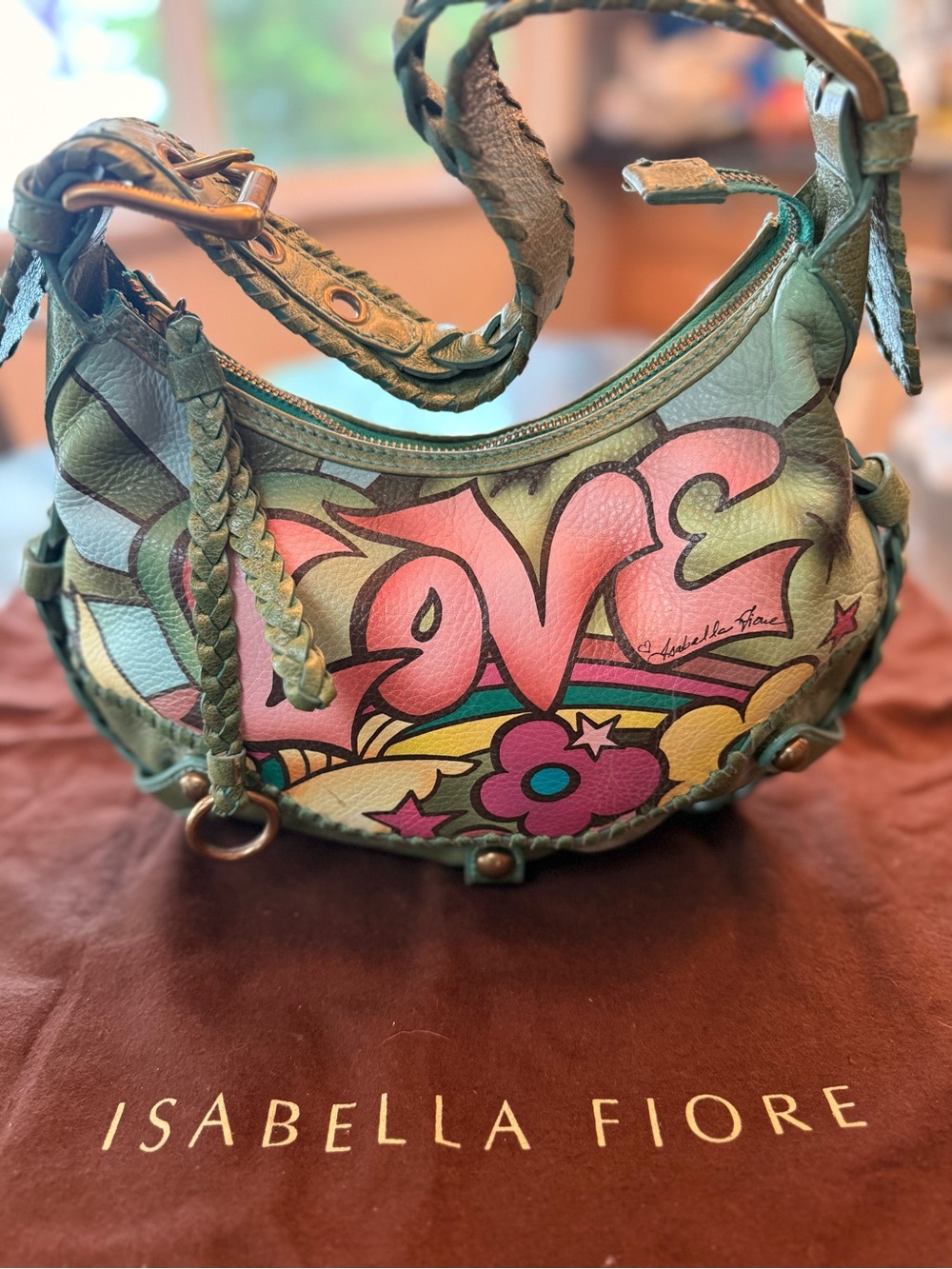 Isabella Fiore Green Leather Shoulder Bag with Pink & Teal 'LOVE' Graphic - Picture 1 of 6